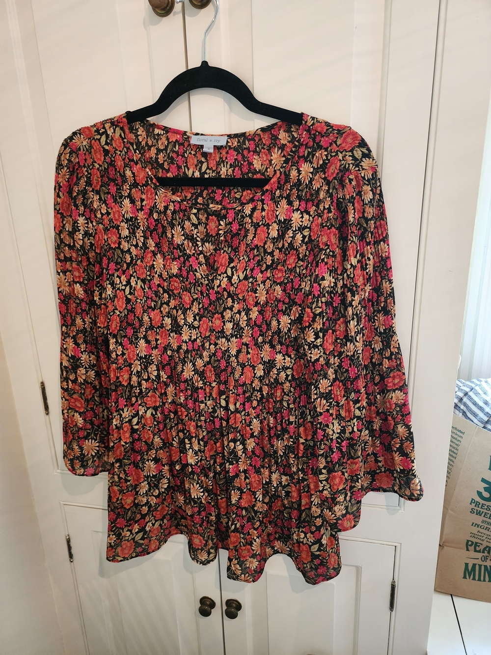Women's Floral Peplum Blouse in Black with Pink & Gold Print